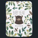 Couverture Pour Bébé Bear Cub<br><div class="desc">Design de bébé sur le thème du bois par Shelby Allison avec une illustration de motifs floraux vert fantaisie entourant un portrait d'ours doux avec les mots "ours bébé".</div>