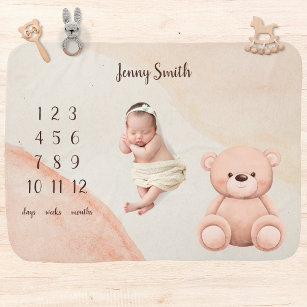 Couverture Pour Bébé Boho Aquarelle Teddy Bear Baby Milestone Blanche