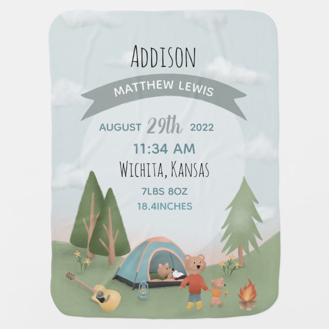 Couverture Pour Bébé Boys Cute Forest Bear Camping Birth Stats & Nom (Devant)