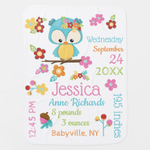 Couverture Pour Bébé Cute Woodland Owl Baby Girl Birth Record Statistiq
