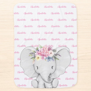 Couverture Pour Bébé Nom de la fille personnalisée Floral Elephant Rose