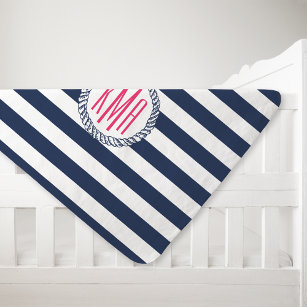 Couverture Pour Bébé Preppy Nautical Navy & White Stripe Pink Monogramm