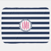 Couverture Pour Bébé Preppy Nautical Navy & White Stripe Pink Monogramm (Horizontal)