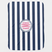 Couverture Pour Bébé Preppy Nautical Navy & White Stripe Pink Monogramm (Devant)