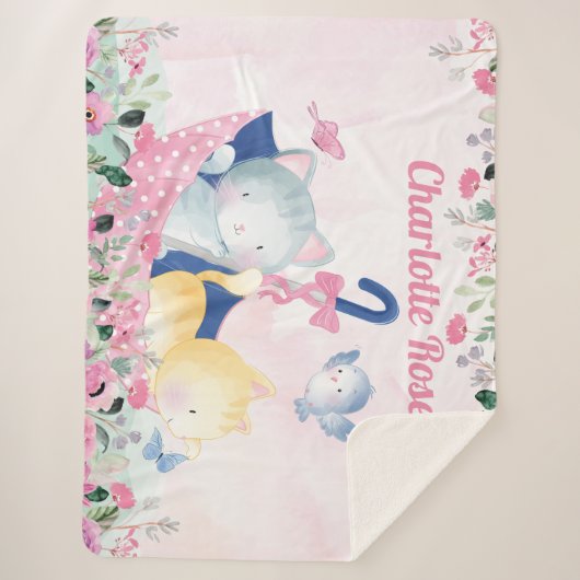 Couverture pour fille avec fleurs roses et chatons (Devant)