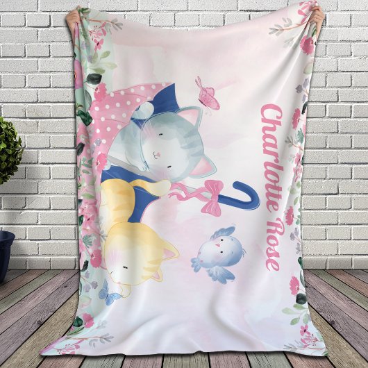 Couverture pour fille avec fleurs roses et chatons