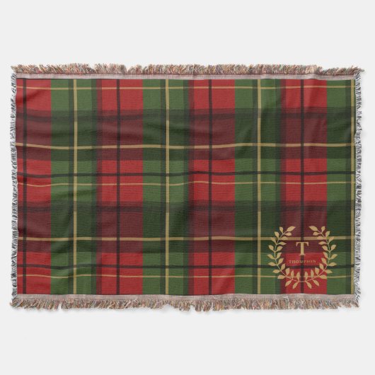 Couverture Red And Green Plaid With Monogram Inside A Wreath (Devant)