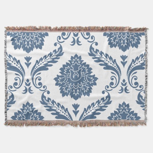 Couverture Rococo Damask Grand Motif Bleu sur Blanc (Devant)