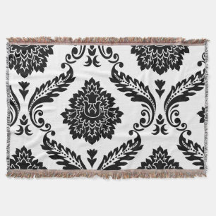 Couverture Rococo Damassé Grand Motif Décalé Noir sur Blanc