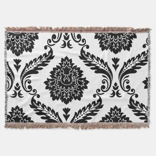 Couverture Rococo Damassé Grand Motif Décalé Noir sur Blanc (Devant)