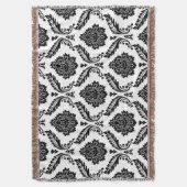 Couverture Rococo Damassé Grand Motif Noir sur Blanc (devant Vertical)