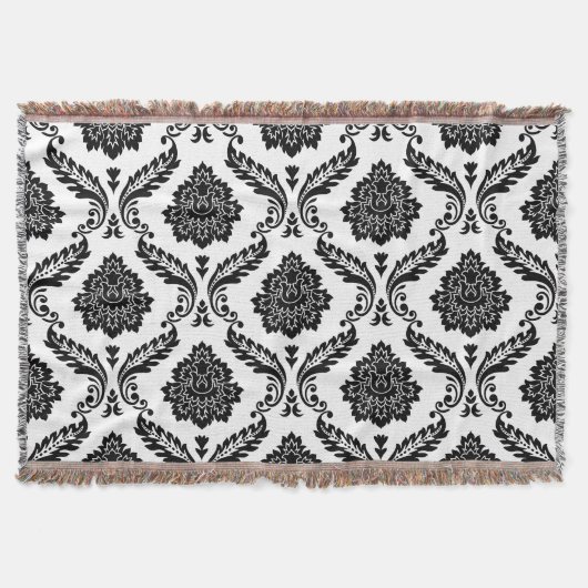 Couverture Rococo Damassé Grand Motif Noir sur Blanc (Devant)