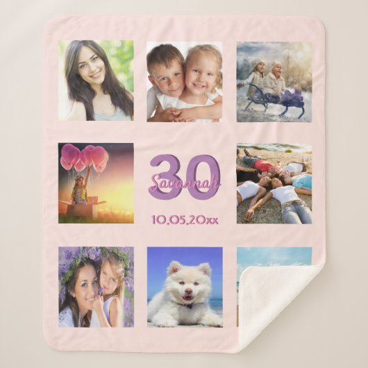 Couverture Sherpa 30e anniversaire blush rose or photo collage nom (Devant)