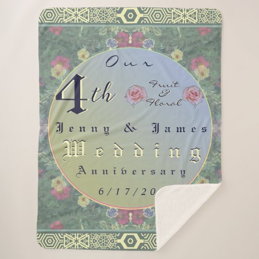 Couverture Sherpa 4e année Mariage Anniversaire Vert&Bleu Fleur (Devant)