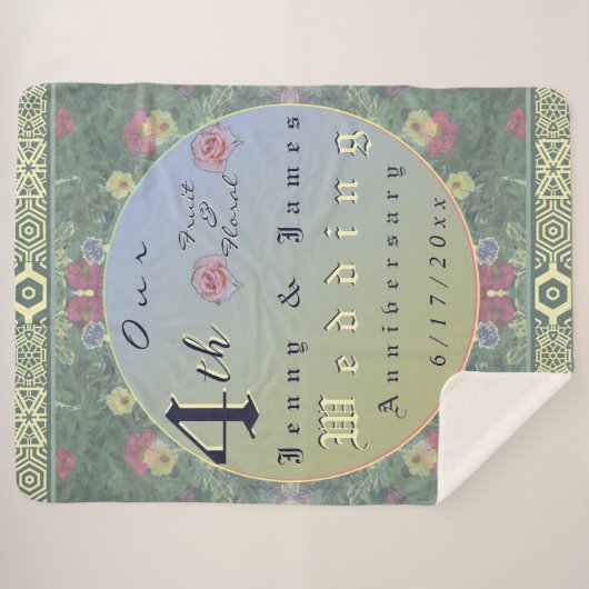 Couverture Sherpa 4e année Mariage Anniversaire Vert&Bleu Fleur (Devant (Horizontal))