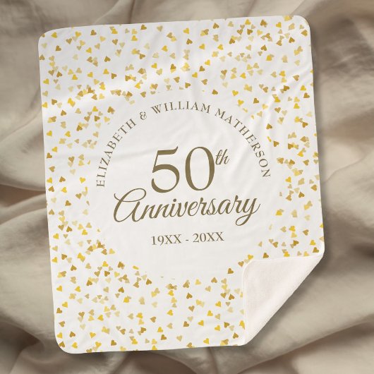Couverture Sherpa 50e Anniversaire de Mariage Or Cœurs Confettis