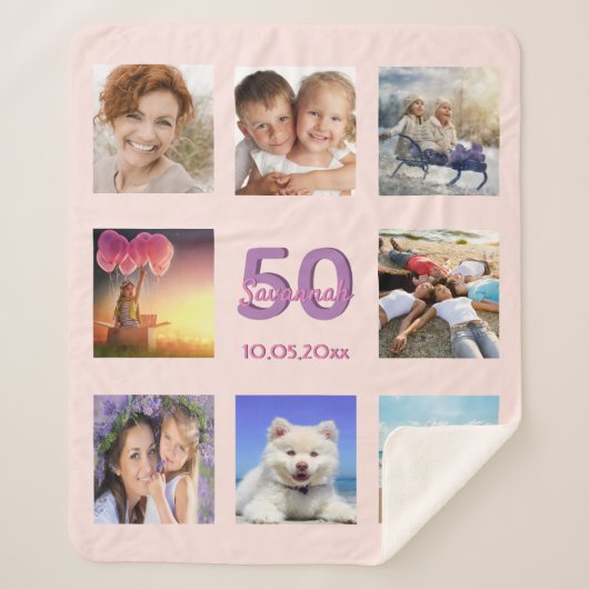Couverture Sherpa 50e anniversaire rose or blush photo nom (Devant)