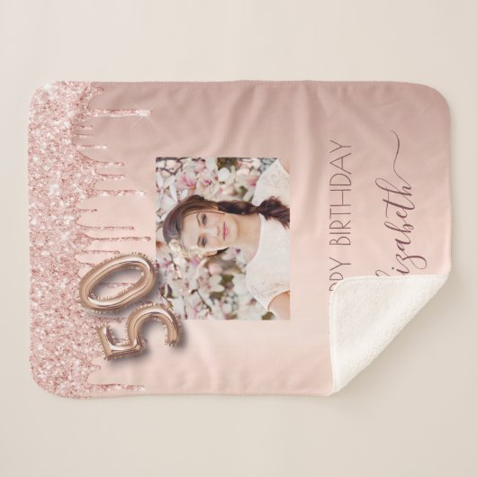 Couverture Sherpa 50e anniversaire rose or parties scintillant blush (Devant (Horizontal))