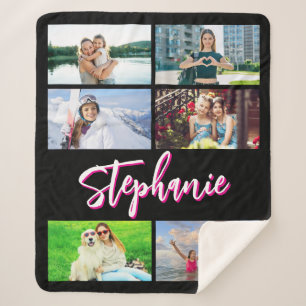 Couverture Sherpa 6 Collage de photos personnalisé rose chaud noir m