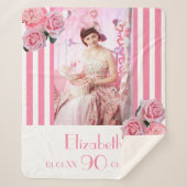 Couverture Sherpa 90e anniversaire rose rayures blanches florales ph (Devant)
