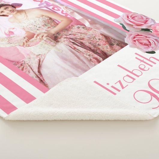 Couverture Sherpa 90e anniversaire rose rayures blanches florales ph (3/4)