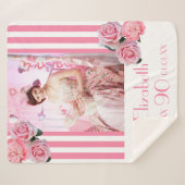 Couverture Sherpa 90e anniversaire rose rayures blanches florales ph (Devant (Horizontal))