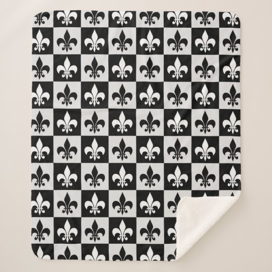 Couverture Sherpa à damiers Blanc Noir Fleur-De-Lis Motif (Devant)