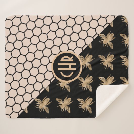 Couverture Sherpa Abeilles noires et d'or et monogramme d'abeille ro (Devant (Horizontal))