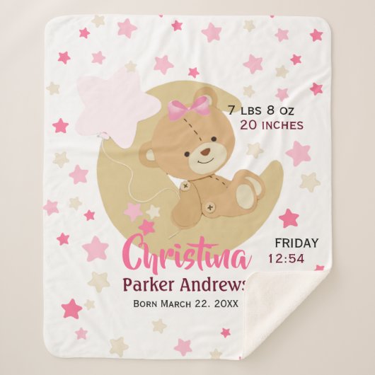 Couverture Sherpa Adorable Teddy Bear Baby Girl Stats de naissance (Devant)