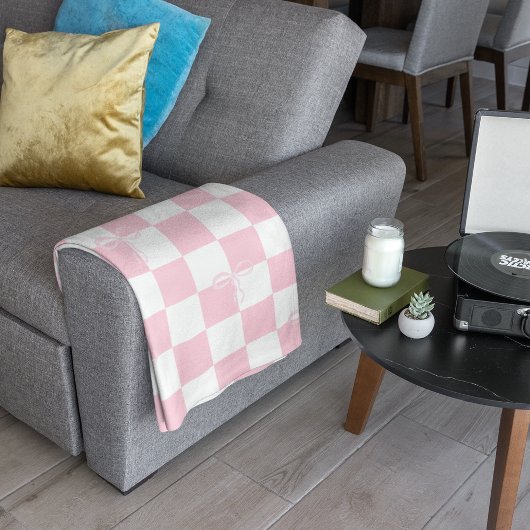 Couverture Sherpa Aesthétique rose et blanc À damiers avec rubans