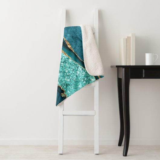 Couverture Sherpa Agate Turquoise Blue Gold Parties scintillant Marb (En situation)