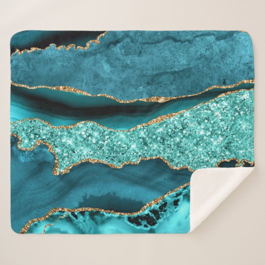 Couverture Sherpa Agate Turquoise Blue Gold Parties scintillant Marb (Devant (Horizontal))