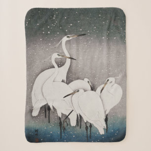 Couverture Sherpa Aigrettes de Koson dans la neige : vintage japonai