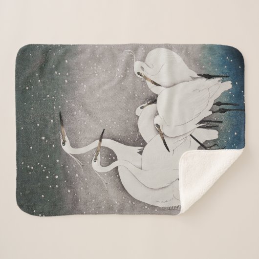 Couverture Sherpa Aigrettes japonaises Grues Koson Neige d'hiver (Devant (Horizontal))