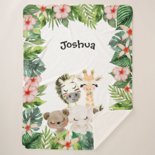 Couverture Sherpa Amis du Safari d'Or Feuillage Floral Aquarelle