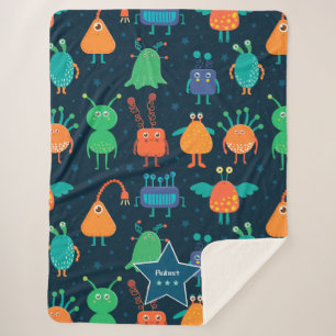 Couverture Sherpa Amusant Alien coloré Motif pour enfants sur bleu
