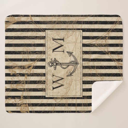 Couverture Sherpa Ancien Monde Carte Ancre nautique Monogramme (Devant (Horizontal))