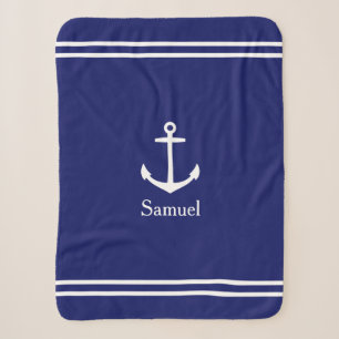 Couverture Sherpa Ancre blanche sur bleu marine Personnalisé