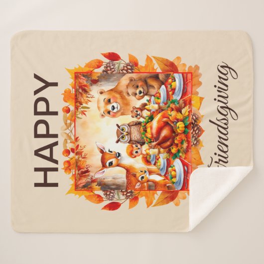 Couverture Sherpa Animaux de bois d'action amicale Feuilles d'automn (Devant (Horizontal))