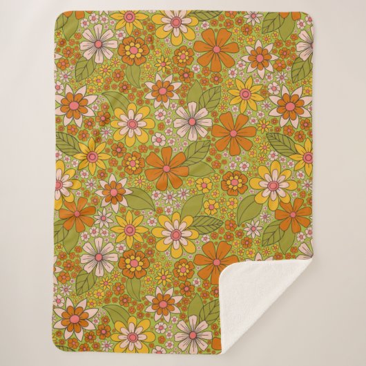 Couverture Sherpa Années 1960, 1970 Vert & Orange Retro Floral (Devant)