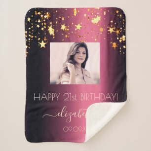 Couverture Sherpa Anniversaire Bourgogne or étoiles rose photo