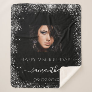 Couverture Sherpa Anniversaire noir argent parties scintillant nom p