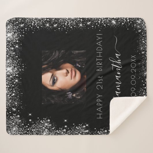 Couverture Sherpa Anniversaire noir argent parties scintillant nom p (Devant (Horizontal))