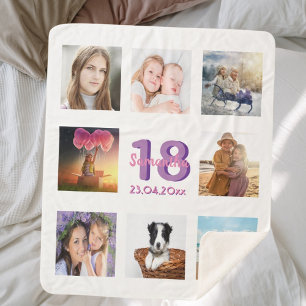 Couverture Sherpa Anniversaire photo collage blanc nom pourpre