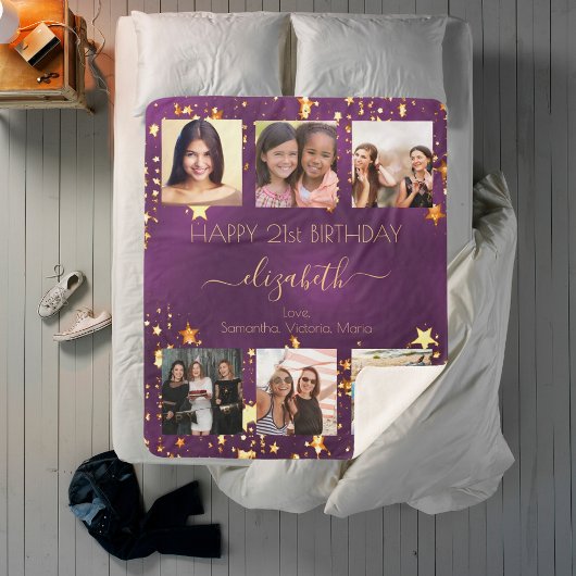 Couverture Sherpa Anniversaire violet or amis photo collage