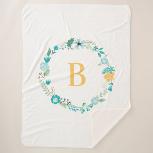 Couverture Sherpa Aqua et Yellow Monogramme Floral Wreath