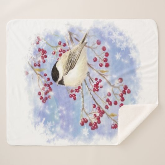 Couverture Sherpa Aquarelle Bélier Berry Tree Hivernal Frost Oiseau (Devant (Horizontal))