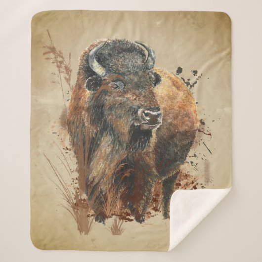 Couverture Sherpa Aquarelle Bison Buffle Animaux Faune Nature Ca (Devant)