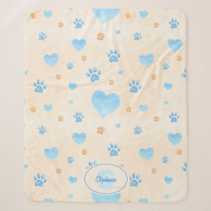Couverture Sherpa Aquarelle Bleu Coeurs et Empreintes de pattes Moti
