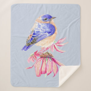 Couverture Sherpa Aquarelle Bleu Fleur de cône Jardin Oiseau
